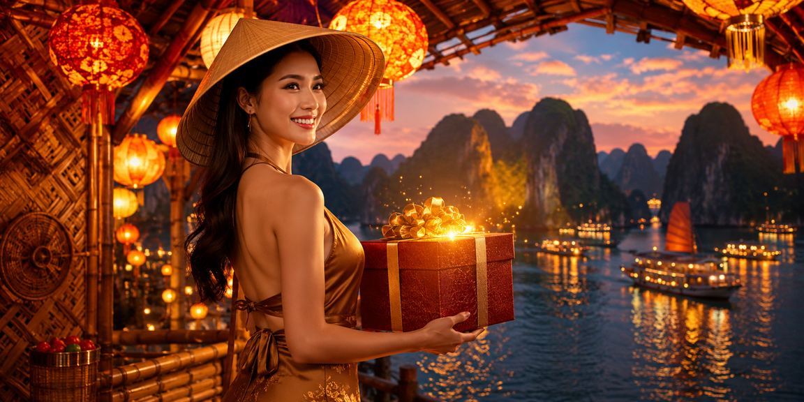Khung cảnh vịnh Hạ Long với nón lá truyền thống trong không khí cá cược sôi động